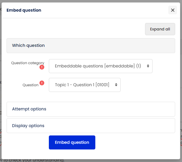 Moodle - Embed Question - Question Category & Question
